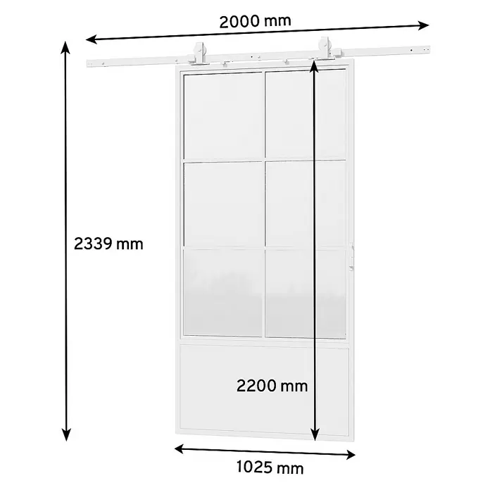 Inova Schiebetür-Komplettset Stahl Loft Klarglas Komplettset 6 Felder Kickplatte weiß inkl. Softclose - 1.025 x 2.200 mm - Bild eines weißen Schiebetürsystems mit detaillierten Maßangaben für Design und Planung.