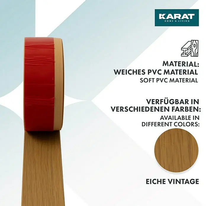Floordirekt Sockelleiste Oslo Eiche-Vintage 50 x 15 mm - 10 m - PVC - Produktbild eines Kantenumleimers aus weichem PVC-Material, erhältlich in verschiedenen Farben, hier in Eiche Vintage.
