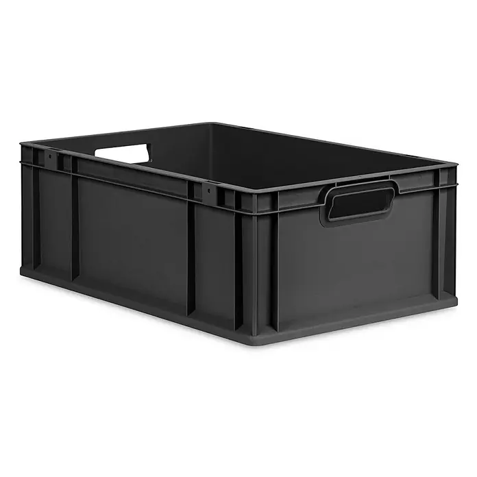 Proregal Eurobox Eurobox NextGen Grip - L x B x H: 60 x 40 x 22 cm, Kunststoff, Schwarz - Ein schwarzer Kunststoffbehälter mit rechteckigen Griffen und verstärkten Ecken, ideal für Lagerung und Transport.