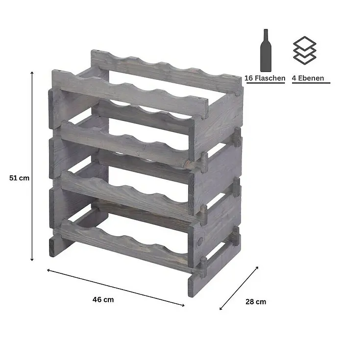 Proregal Flaschenregal Weinregal VINOTECA FLEX PRO für 16 Flaschen - L x B x H: 28 x 46 x 51 cm, Holz, Anzahl Böden: 4 Stk. - Graues Holzweinregal mit vier Ebenen für 16 Flaschen. Das Weinregal ist 51 cm hoch, 46 cm breit und 28 cm tief.