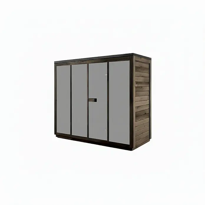 FinnTherm Saunahaus Kuuma L black Spiegelglas - Elektroofen, L x B x H: 111 x 242 x 213 cm - Ein geräumiger Holzschrank mit vier Türen und einem modernen Design, ideal für die Aufbewahrung im Innen- und Außenbereich.