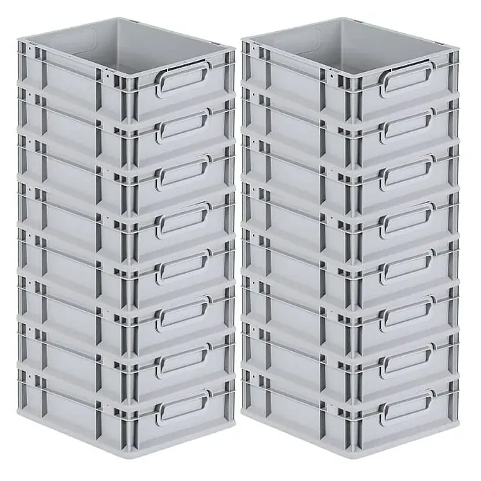 Proregal Euroboxen-Set 16x Eurobox NextGen Grip - L x B x H: 40 x 30 x 12 cm, Kunststoff, Grau, 16 Stk. - Zwei Stapel hellgrauer Kunststoffboxen mit Griffen, ideal für Lagerung und Organisation im Büro oder Zuhause.