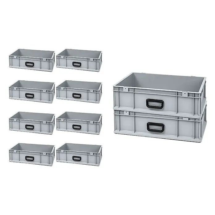 Proregal Eurobox Eurobox NextGen Portable Uno - L x B x H: 60 x 40 x 17 cm, Kunststoff, Grau - Foto von mehreren grauen Lagerboxen mit Griffen. Praktische Aufbewahrungslösung für Werkstatt und Büro.