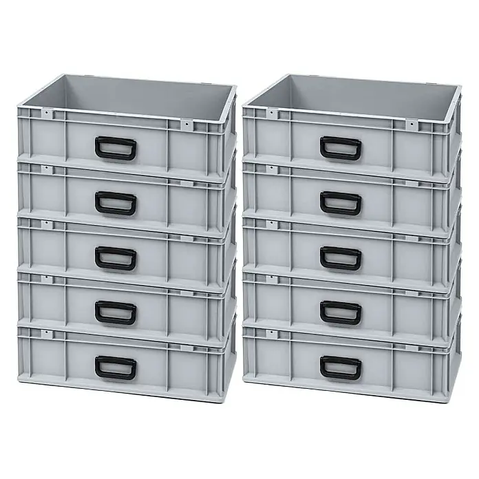 Proregal Eurobox Eurobox NextGen Portable Uno - L x B x H: 60 x 40 x 17 cm, Kunststoff, Grau - Zwei Stapel grauer Kunststoffbehälter mit schwarzen Griffen, die sich ideal zur Aufbewahrung und Organisation eignen.