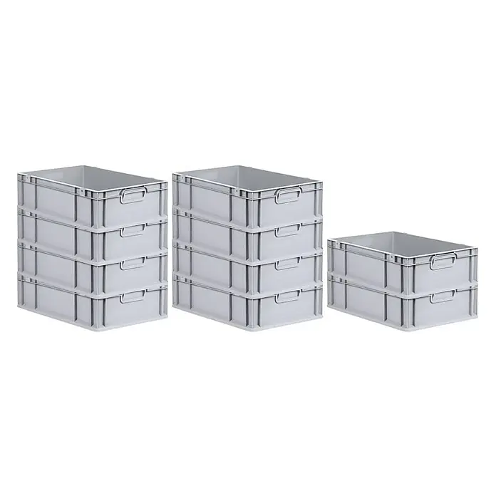 Proregal Euroboxen-Set 10x Eurobox NextGen Economy - L x B x H: 60 x 40 x 17 cm, Kunststoff, Grau, 10 Stk. - Drei Stapel grauer Eurobehälter aus Kunststoff. Die Euroboxen haben Griffmulden und sind in unterschiedlicher Höhe gestapelt.