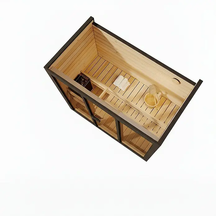 FinnTherm Saunahaus Kuuma L black - Elektroofen, L x B x H: 111 x 242 x 213 cm - Hochwinkelaufnahme einer Sauna mit Holzeimer, Handtüchern und einem Ofen, die ein entspannendes Wellness-Erlebnis verspricht.