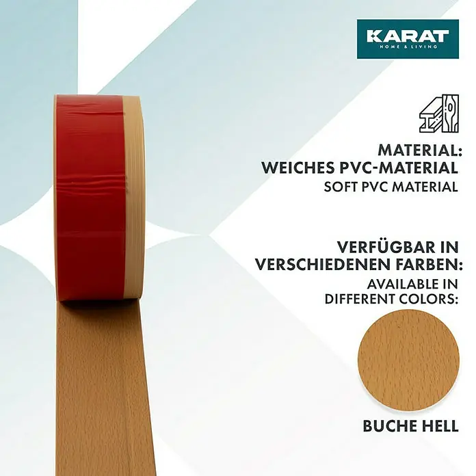 Floordirekt Sockelleiste Oslo Buche-Hell 50 x 15 mm - 10 m - PVC - Nahaufnahme eines Kantenumleimers aus weichem PVC-Material, erhältlich in verschiedenen Farben wie Buche Hell.