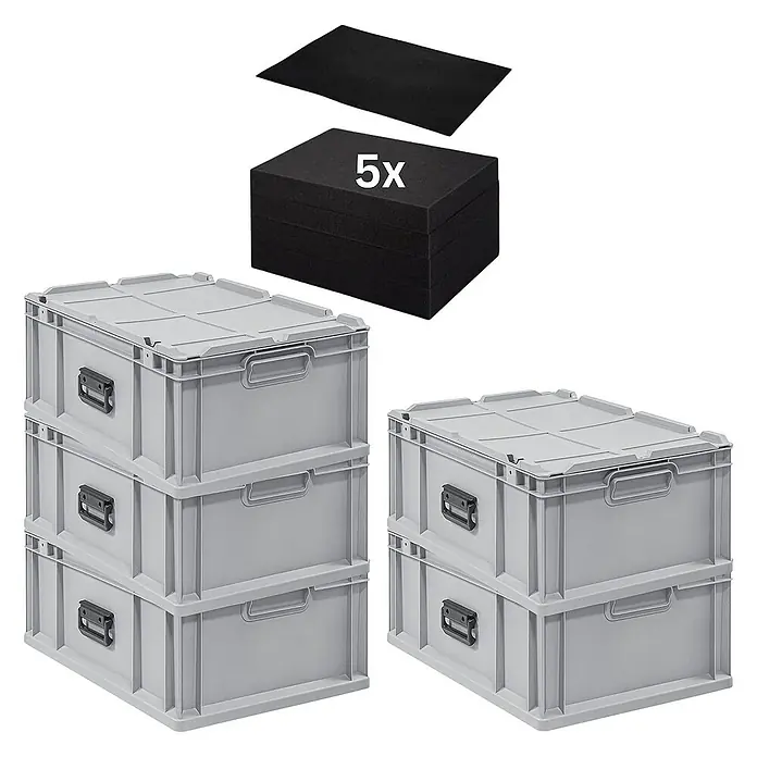 Proregal Euroboxen-Set Eurobox 5x NextGen Portable mit Rasterschaumstoff & Schaumstoffeinlage - L x B x H: 60 x 40 x 23,5 cm, Kunststoff, Grau, 5 Stk. - Bild von drei grauen Stapelboxen und zwei schwarzen Schaumstoffpolstern.