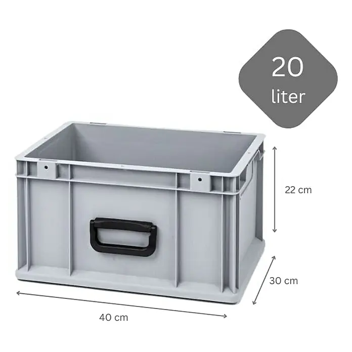 Proregal Euroboxen-Set 8x Eurobox NextGen Portable Uno - L x B x H: 40 x 30 x 22 cm, Kunststoff, Grau, 8 Stk. - Bild eines grauen 20-Liter-Lagerbehälters aus Kunststoff mit den Maßen 40 cm x 30 cm x 22 cm.