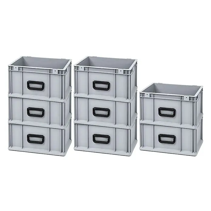 Proregal Euroboxen-Set 8x Eurobox NextGen Portable Uno - L x B x H: 40 x 30 x 22 cm, Kunststoff, Grau, 8 Stk. - Drei Stapel grauer Kunststoffboxen mit schwarzen Griffen, ideal für Lagerung und Organisation.