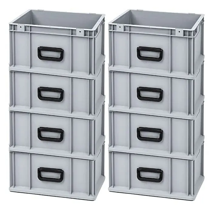 Proregal Euroboxen-Set 8x Eurobox NextGen Portable Uno - L x B x H: 40 x 30 x 22 cm, Kunststoff, Grau, 8 Stk. - Zwei Stapel grauer Kunststoff-Lagerboxen mit schwarzen Griffen, die sich ideal für die Organisation eignen.