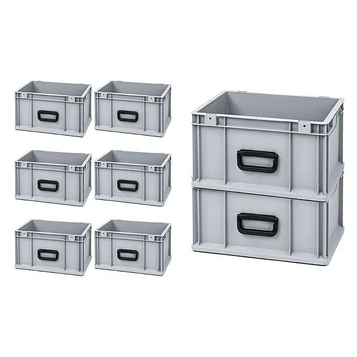 Proregal Euroboxen-Set 8x Eurobox NextGen Portable Uno - L x B x H: 40 x 30 x 22 cm, Kunststoff, Grau, 8 Stk. - Das Bild zeigt eine Sammlung grauer Kunststofflagerbehälter mit schwarzen Griffen, gestapelt und separat angeordnet.