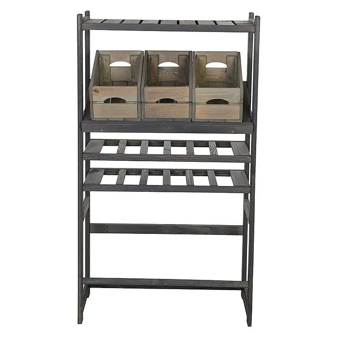 Proregal Flaschenregal & Weinregal SPREEWALD für 12 Flaschen - L x B x H: 33 x 70 x 124 cm, Holz - Das Bild zeigt ein graues Holzregal mit drei Körben oben und mehreren Regalebenen, ideal zur Aufbewahrung und Präsentation von Waren.
