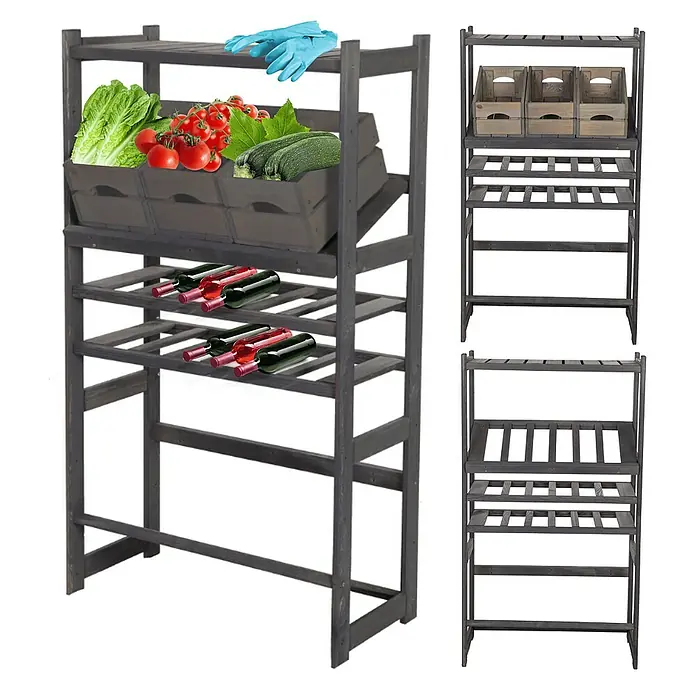 Proregal Flaschenregal & Weinregal SPREEWALD für 12 Flaschen - L x B x H: 33 x 70 x 124 cm, Holz - Ein graues Holzregal mit Gemüse, Wein und Gartenhandschuhen, ideal für Gartenarbeit und Lagerung.