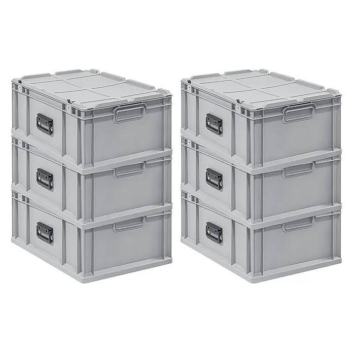 Proregal Euroboxen-Set 6x Eurobox NextGen Portable - Kunststoff, Grau, 6 Stk. - Zwei Stapel mit jeweils drei grauen Aufbewahrungsboxen mit Deckel, ideal für Lagerung und Organisation.