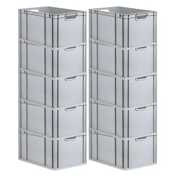 Proregal Euroboxen-Set 10x Eurobox NextGen Grip - L x B x H: 60 x 40 x 32 cm, Kunststoff, Grau, 10 Stk. - Zwei Stapel grauer Kunststoffkisten, ideal für Lagerung und Organisation. Robuste Bauweise für vielseitige Anwendungen.