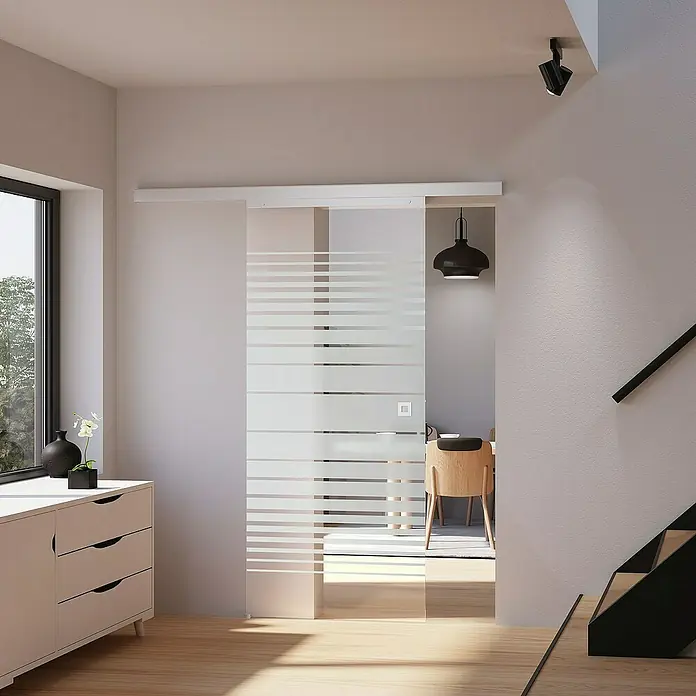 Inova Schiebetür-Komplettset Glas Komplettset Streifen mit Quadratgriff - 880 x 2.035 mm - Elegante Schiebetür aus Glas mit horizontalen Streifen. Modernes Design für stilvolle Raumtrennung und helle Atmosphäre.