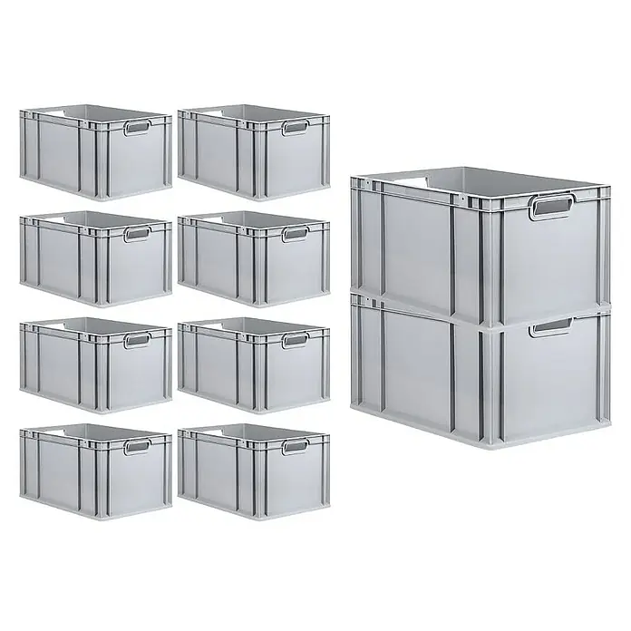 Proregal Euroboxen-Set 10x Eurobox NextGen Grip - L x B x H: 60 x 40 x 32 cm, Kunststoff, Grau, 10 Stk. - Ein Arrangement aus grauen Euroboxen, darunter ein gestapeltes Paar und acht Einzelboxen, die Lagerung und Organisation zeigen.