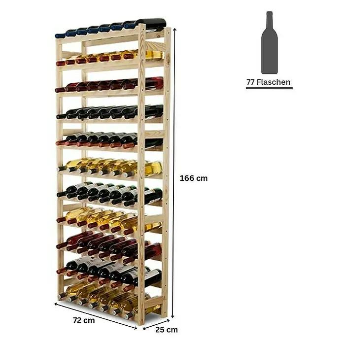 Proregal Flaschenregal Weinregal PINOTWINE für 77 Flaschen - L x B x H: 25 x 72 x 166 cm, Holz - Weinregal aus Holz für 77 Flaschen mit den Maßen 166 cm Höhe, 72 cm Breite und 25 cm Tiefe.
