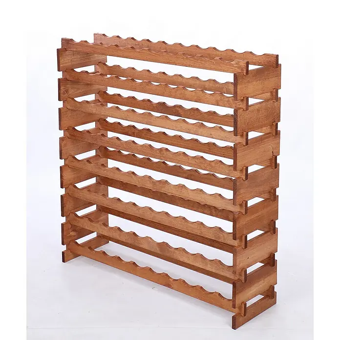 Proregal Flaschenregal Weinregal VINOTECA FLEX PRO für 80 Flaschen - L x B x H: 28 x 103 x 107 cm, Holz, Anzahl Böden: 8 Stk. - Dieses Bild zeigt ein braunes Holzweinregal mit gewellten Haltern für die Flaschen. Es bietet eine stilvolle Aufbewahrungslösung für Weinliebhaber.