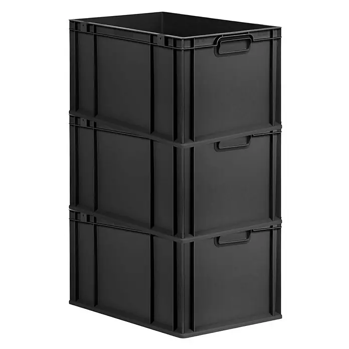 Proregal Euroboxen-Set 3x Eurobox NextGen Grip - L x B x H: 60 x 40 x 32 cm, Kunststoff, Schwarz, 3 Stk. - Drei schwarze Kunststoffboxen sind übereinander gestapelt und bilden eine praktische Aufbewahrungslösung mit integrierten Tragegriffen.
