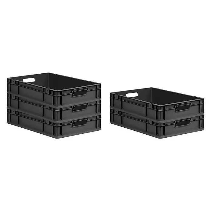 Proregal Eurobox Eurobox NextGen Grip - L x B x H: 60 x 40 x 12 cm, Kunststoff, Schwarz - Drei schwarze Kunststoffboxen sind gestapelt und zwei weitere daneben. Die Boxen sind robust und für Lagerzwecke geeignet.