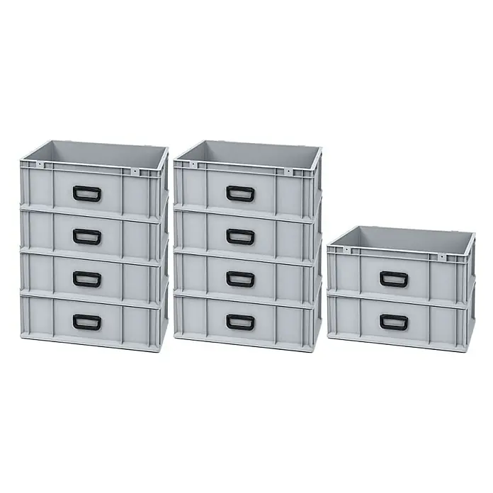 Proregal Euroboxen-Set 10x Eurobox NextGen Portable Uno - L x B x H: 60 x 40 x 22 cm, Kunststoff, Grau, 10 Stk. - Das Bild zeigt drei Stapelboxen aus grauem Kunststoff, die sich ideal für Lagerung und Transport eignen. Die robusten Boxen sind mit praktischen Griffen versehen.