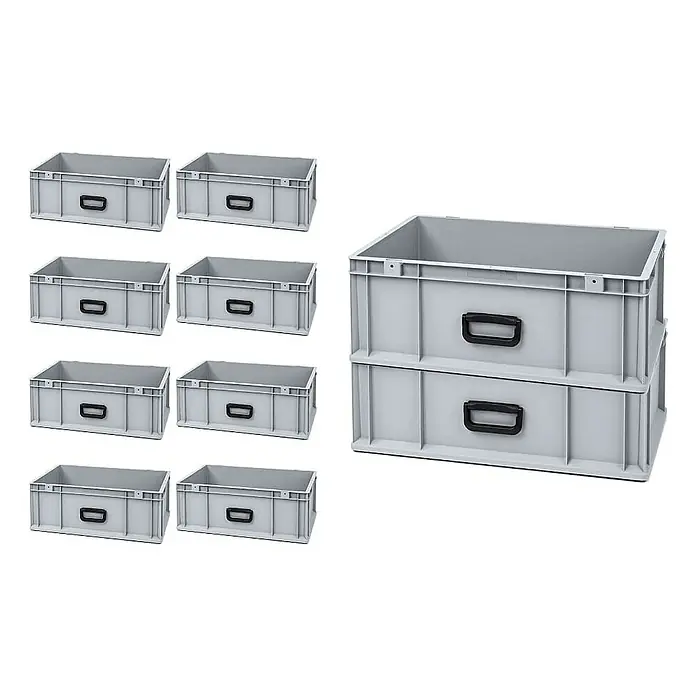 Proregal Euroboxen-Set 10x Eurobox NextGen Portable Uno - L x B x H: 60 x 40 x 22 cm, Kunststoff, Grau, 10 Stk. - Das Bild zeigt acht einzelne graue Lagerboxen und zwei gestapelte. Die Boxen haben einen schwarzen Griff und sind für die Lagerung geeignet.
