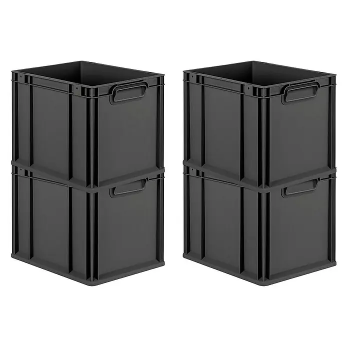 Proregal Euroboxen-Set 4x Eurobox NextGen Grip - Kunststoff, Schwarz, 4 Stk. - Zwei Stapel schwarzer Kunststoffbehälter, die sich ideal für Lagerung und Organisation eignen.