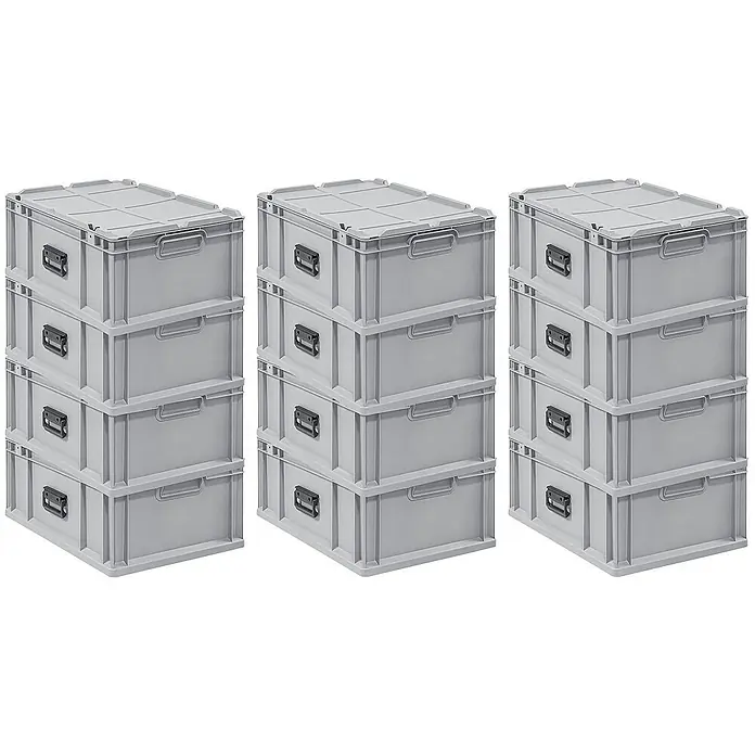 Proregal Euroboxen-Set 12x Eurobox NextGen Portable - L x B x H: 60 x 40 x 23,5 cm, Kunststoff, Grau, 12 Stk. - Drei Stapel grauer Kunststoffboxen mit Deckel und Griffen, ideal für Lagerung und Organisation.