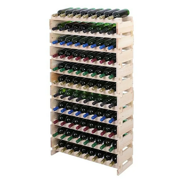 Proregal Flaschenregal Weinregal VINOTECA FLEX PRO für 88 Flaschen - L x B x H: 28 x 84 x 149 cm, Holz, Anzahl Böden: 11 Stk. - Ein großes, freistehendes Weinregal aus Holz, das mit vielen Weinflaschen gefüllt ist und eine attraktive Präsentationslösung für Weinliebhaber bietet.