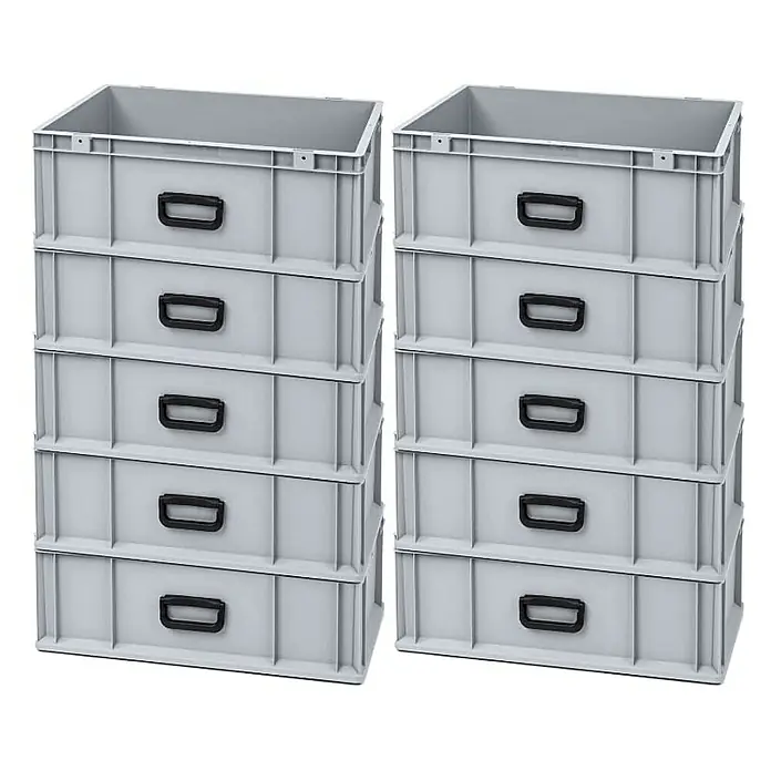 Proregal Eurobox Eurobox NextGen Portable Uno - L x B x H: 60 x 40 x 22 cm, Kunststoff, Grau - Zwei Stapel grauer Aufbewahrungsboxen aus Kunststoff mit schwarzen Griffen für eine einfache Organisation und Lagerung.