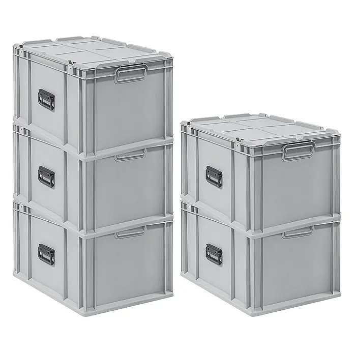 Proregal Euroboxen-Set 5x Eurobox NextGen Portable - L x B x H: 60 x 40 x 33,5 cm, Kunststoff, Grau, 5 Stk. - Stapelbare, graue Aufbewahrungsboxen aus Kunststoff mit Griffen und Deckel, die sich ideal für Lagerung und Organisation eignen.