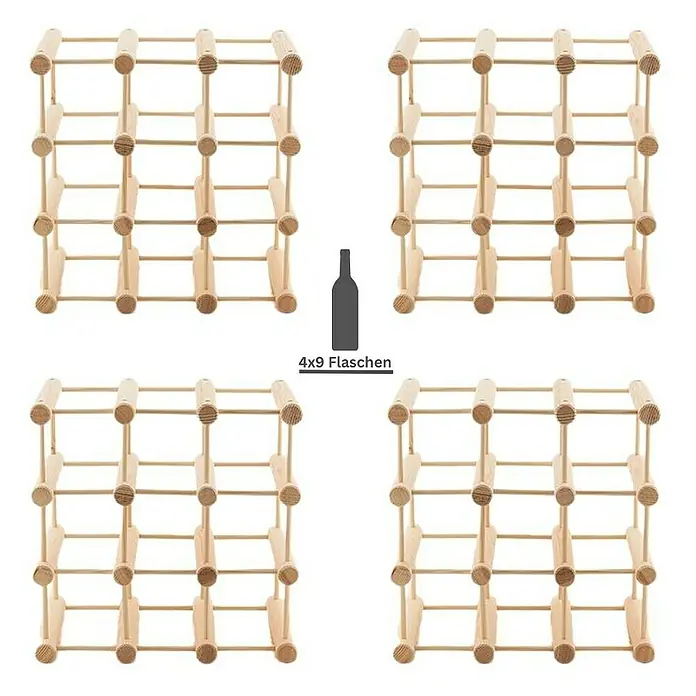 Proregal Flaschenregal Modulares Weinregal VINOTECA MOD für 4x 9 Flaschen - L x B x H: 24 x 36 x 36 cm, Holz - Bild von vier hölzernen Weinregalen für jeweils 9 Flaschen, insgesamt 36 Flaschen, mit einer Flaschen-Silhouette zur Illustration.
