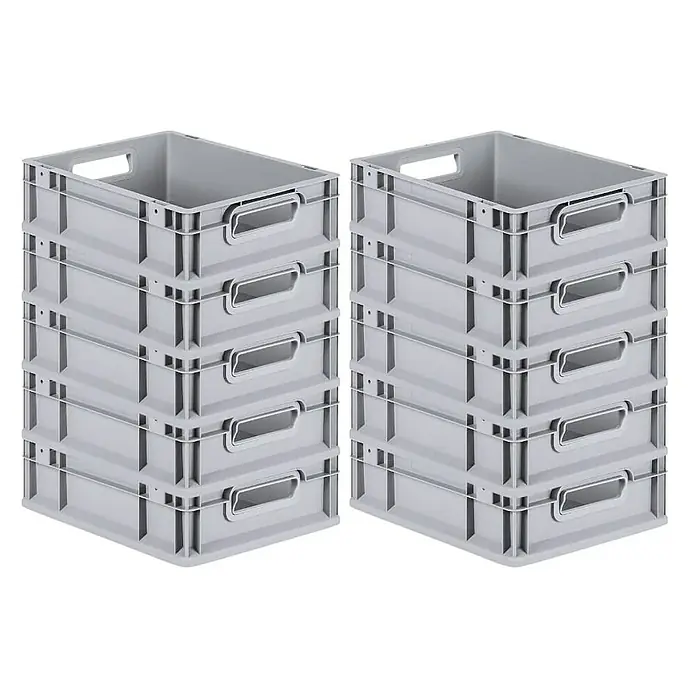 Proregal Eurobox Eurobox NextGen Grip - Kunststoff, Grau - Zwei Stapel grauer Kunststoffboxen mit Tragegriffen. Die Boxen sind ideal für Lagerung und Organisation.
