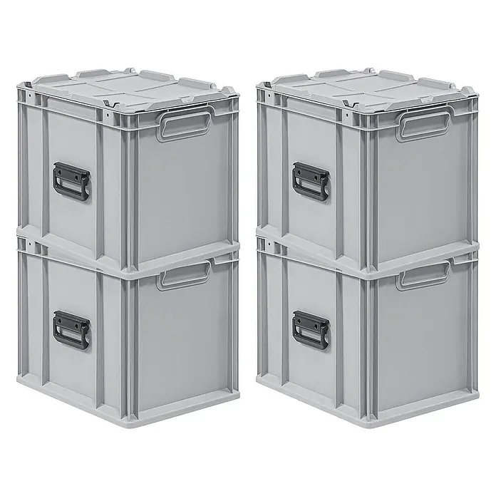 Proregal Euroboxen-Set 4x Eurobox NextGen Portable - Kunststoff, Grau, 4 Stk. - Zwei Stapel grauer Kunststoffbehälter mit Deckeln, die zur Aufbewahrung oder zum Transport verwendet werden können, stehen aufgereiht.