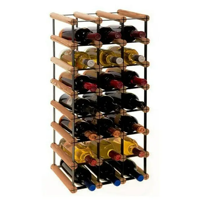 Proregal Flaschenregal Modulares Weinregal VINOTECA MOD METAL für 3x7 Flaschen - L x B x H: 24,5 x 32,5 x 72,5 cm, Holz - Weinregal aus Holz und Metall mit mehreren Weinflaschen. Das Regal ist mit Rot- und Weißweinflaschen bestückt.