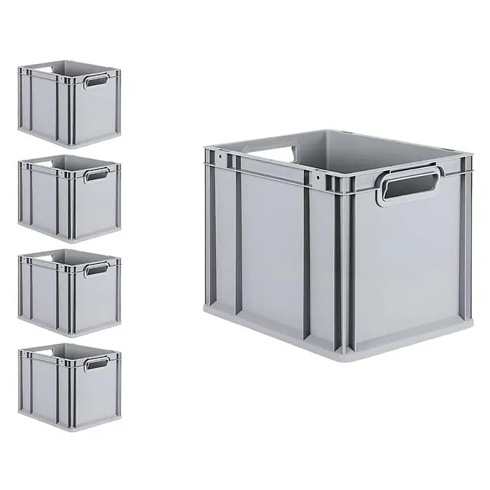 Proregal Euroboxen-Set 5x Eurobox NextGen Grip - Kunststoff, Grau, 5 Stk. - Das Bild zeigt eine graue Kunststoffbox, die sich ideal zur Aufbewahrung und zum Transport eignet. Es sind fünf Boxen im Bild.