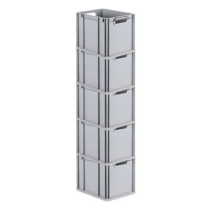 Proregal Euroboxen-Set 5x Eurobox NextGen Grip - Kunststoff, Grau, 5 Stk. - Fünf graue Kunststoffboxen sind übereinander gestapelt und bilden einen hohen Turm. Jede Box hat praktische Griffe.