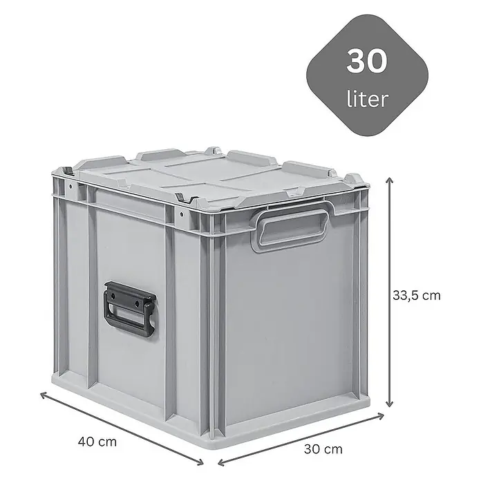 Proregal Euroboxen-Set 4x Eurobox NextGen Portable - Kunststoff, Grau, 4 Stk. - Graue 30-Liter-Kunststoffbox mit Deckel und Tragegriffen, ideal für Lagerung. Abmessungen: 40 x 30 x 33,5 cm.