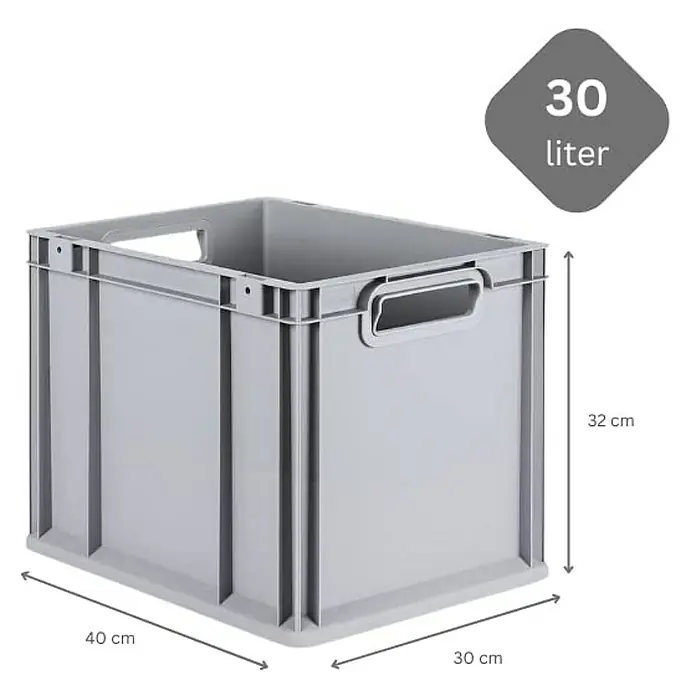 Proregal Euroboxen-Set 5x Eurobox NextGen Grip - Kunststoff, Grau, 5 Stk. - Graue 30-Liter-Kunststoffbox mit Griffen und Maßangaben für Länge, Breite und Höhe.