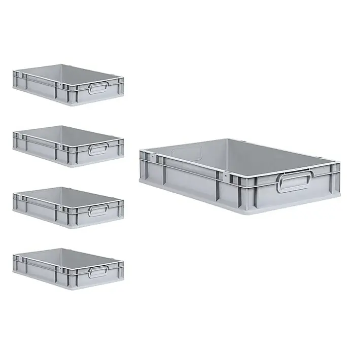 Proregal Euroboxen-Set 5x Eurobox NextGen Economy - L x B x H: 60 x 40 x 12 cm, Kunststoff, Grau, 5 Stk. - Mehrere graue Kunststoffbehälter zur Aufbewahrung und zum Transport von Gegenständen.