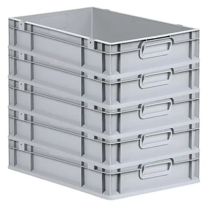 Proregal Euroboxen-Set 5x Eurobox NextGen Economy - L x B x H: 60 x 40 x 12 cm, Kunststoff, Grau, 5 Stk. - Stapel von fünf grauen Kunststoffbehältern, die für Lagerung und Organisation konzipiert sind, mit Griffen an jeder Box.