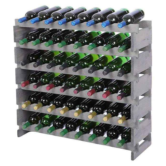 Proregal Flaschenregal Weinregal VINOTECA FLEX PRO für 48 Flaschen - L x B x H: 28 x 84 x 79 cm, Holz, Anzahl Böden: 6 Stk. - Graues Holzweinregal mit mehreren Reihen gefüllt mit Weinflaschen verschiedener Farben, ideal zur Weinlagerung.