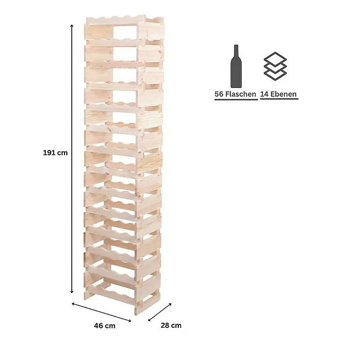 Proregal Flaschenregal Weinregal VINOTECA FLEX PRO für 56 Flaschen - L x B x H: 28 x 46 x 191 cm, Holz, Anzahl Böden: 14 Stk. - Weinregal aus Holz mit 14 Ebenen für 56 Flaschen. Das Regal ist 191 cm hoch, 46 cm breit und 28 cm tief.