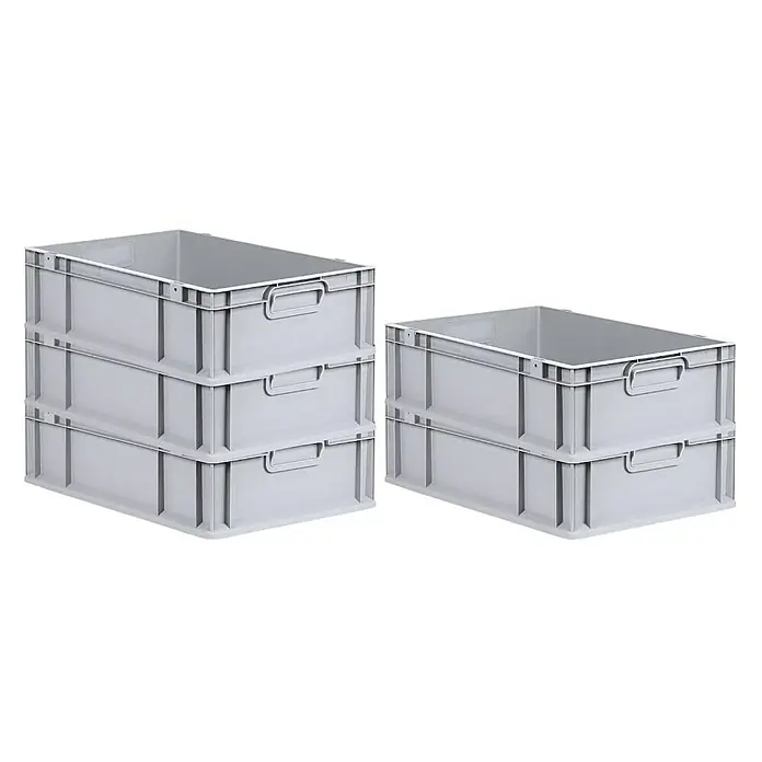 Proregal Euroboxen-Set 5x Eurobox NextGen Economy - Kunststoff, Grau, 5 Stk. - Graue Kunststoffbehälter, gestapelt in zwei Stapeln. Ideal für Lagerung und Transport, robust und vielseitig einsetzbar.