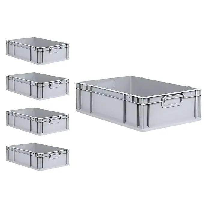 Proregal Euroboxen-Set 5x Eurobox NextGen Economy - Kunststoff, Grau, 5 Stk. - Ein Foto von fünf grauen Lagerkisten aus Kunststoff, die für Lagerung und Transport geeignet sind. Sehr praktisch und stapelbar.