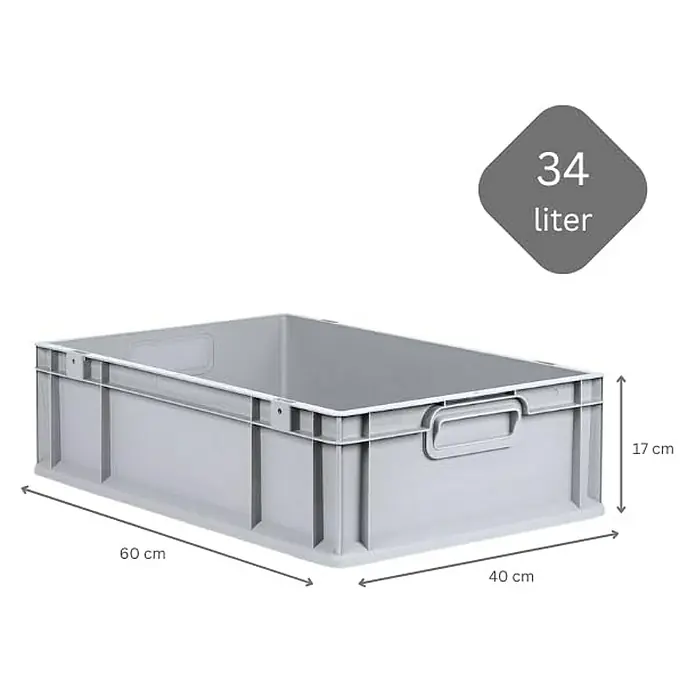 Proregal Euroboxen-Set 5x Eurobox NextGen Economy - Kunststoff, Grau, 5 Stk. - Abbildung einer grauen 34-Liter-Eurobox aus Kunststoff mit Größenangaben.