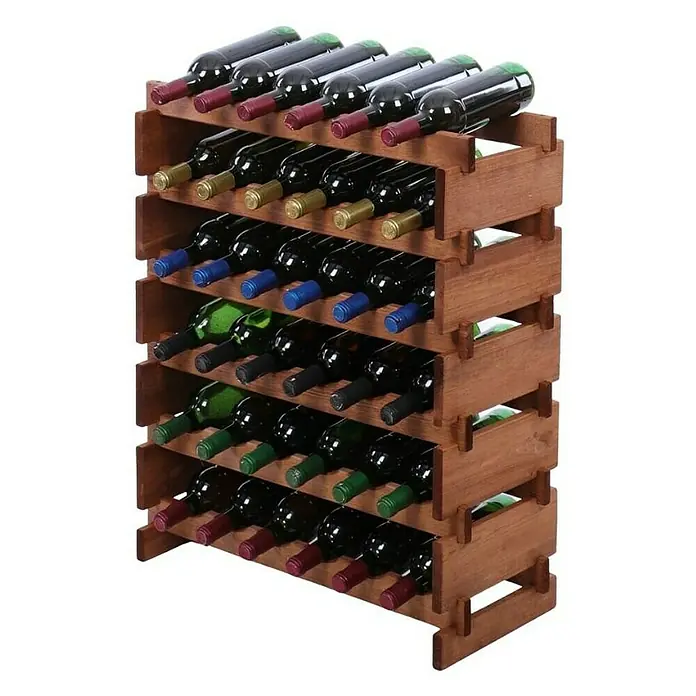 Proregal Flaschenregal Weinregal VINOTECA FLEX PRO für 36 Flaschen - L x B x H: 28 x 65 x 79 cm, Holz, Anzahl Böden: 6 Stk. - Holz-Weinregal mit mehreren Reihen gefüllt mit Weinflaschen verschiedener Sorten, die elegant und ordentlich präsentiert werden.