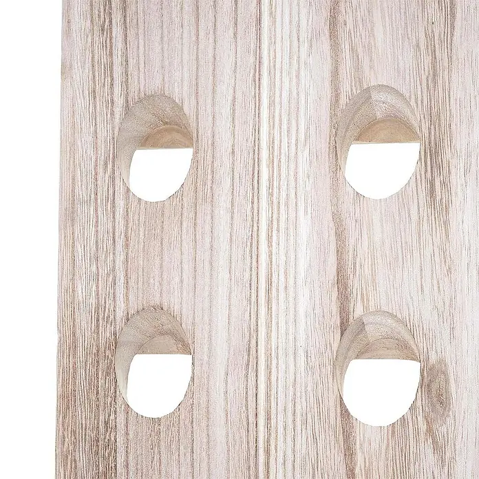 Berlinlodge Flaschenregal Rüttelbrett Weinregal für 20 Flaschen - Holz - Nahaufnahme eines hölzernen Weinregals mit vier Aussparungen, die das Design und die natürliche Holzmaserung hervorheben.